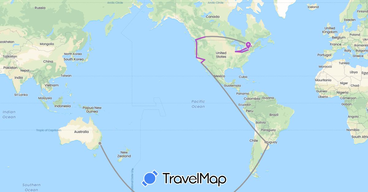 TravelMap itinerary: driving, plane, train in Argentina, Australia, Canada, United States (North America, Oceania, South America)